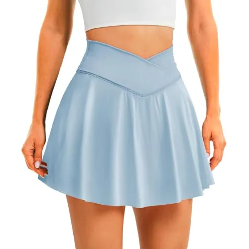 DLOODA High Waist Tennis Skort Crossover, with Pockets, Light Blue