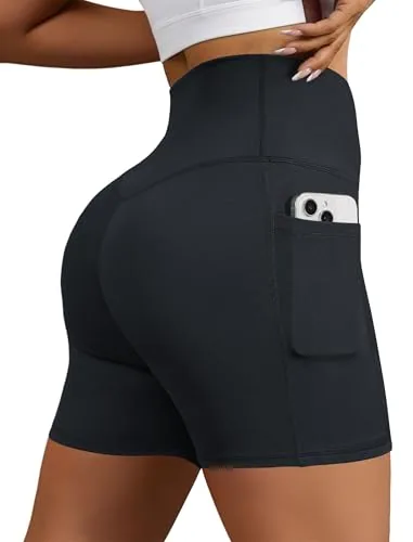 DLOODA High Waist Yoga Biker Shorts with Pockets, Tummy Control, Dark Grey