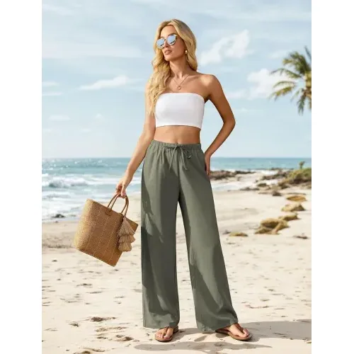DLOODA High Waist Work Linen Palazzo Pants, Army Green, view 3