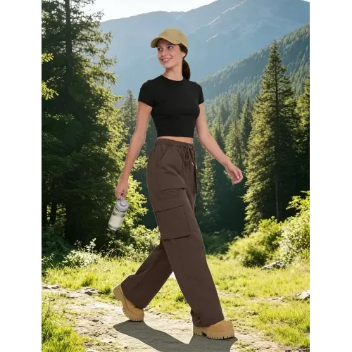 DLOODA High Waist Hiking Baggy Cargo Joggers with Pockets, Brown, view 3