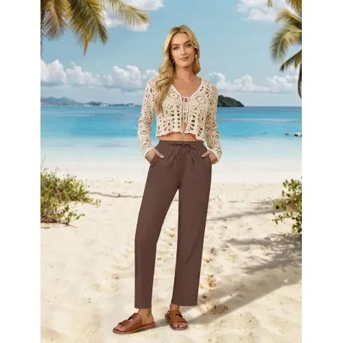 DLOODA High Waist Work Linen Dress Pants, Brown, view 3