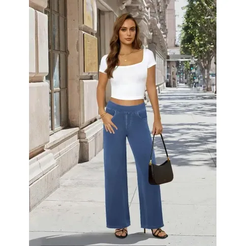 DLOODA High Waist Lounge Denim Wide Leg Jeans, Medium Blue, view 3