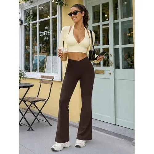 DLOODA High Waist Yoga Flare Leggings Crossover, with Pockets, Brown, view 5