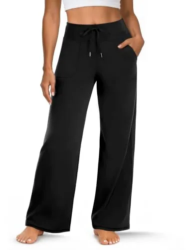 DLOODA High Waist Yoga Wide Leg Pants with Pockets, Black