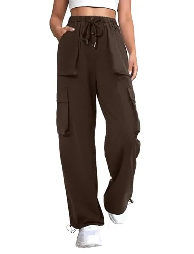 DLOODA High Waist Hiking Baggy Cargo Joggers with Pockets, Brown