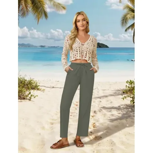 DLOODA High Waist Work Linen Dress Pants, Green, view 3