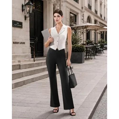 DLOODA High Waist Work Flare Pants with Pockets, Black, view 3