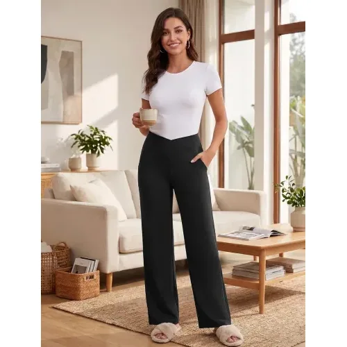 DLOODA High Waist Yoga Sweatpants Crossover, with Pockets, Black, view 6