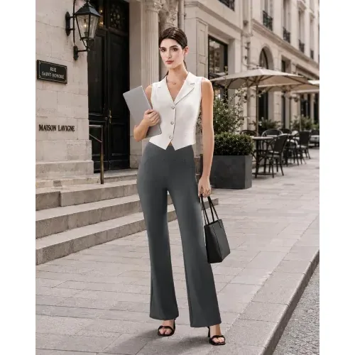 DLOODA High Waist Work Flare Pants with Pockets, Dark Grey, view 3