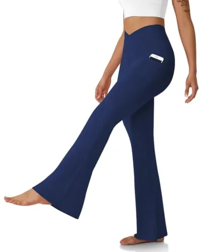 DLOODA High Waist Yoga Flare Leggings Crossover, with Pockets, Navy