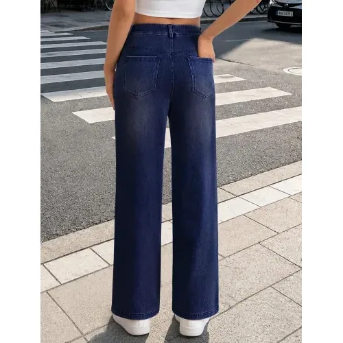 DLOODA High Waist Denim Wide Leg Jeans, Dark Blue, view 2