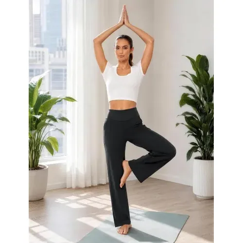 DLOODA High Waist Yoga Wide Leg Pants with Pockets, Black, view 3
