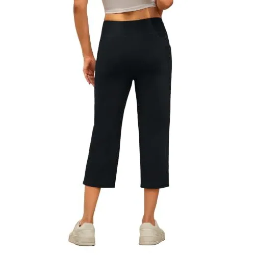 DLOODA High Waist Yoga Cropped Capri Pants with Pockets, Black, view 2