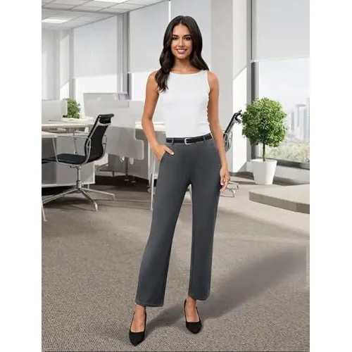DLOODA High Waist Work Straight Leg Pants with Pockets, Dark Grey, view 2