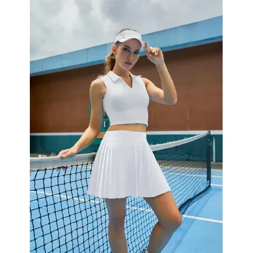 DLOODA High Waist Tennis Pleated Skort with Pockets, White, view 3