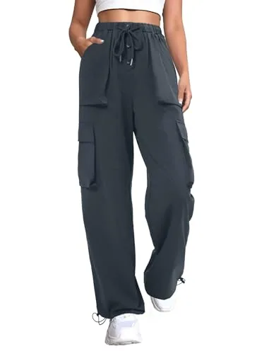 DLOODA High Waist Hiking Baggy Cargo Joggers with Pockets, Grey