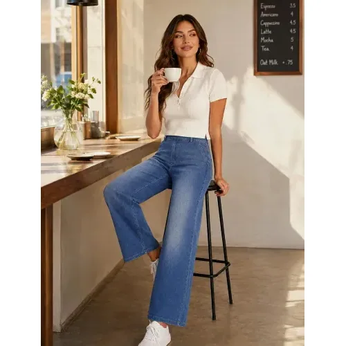 DLOODA High Waist Lounge Wide Leg Jeans, Medium Blue, view 3