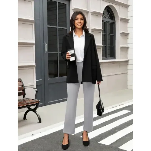 DLOODA High Waist Work Straight Leg Pants with Pockets, Grey, view 3