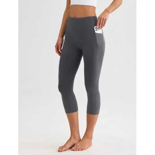 DLOODA High Waist Yoga Capri Leggings with Pockets, Tummy Control, Dark Grey, view 2