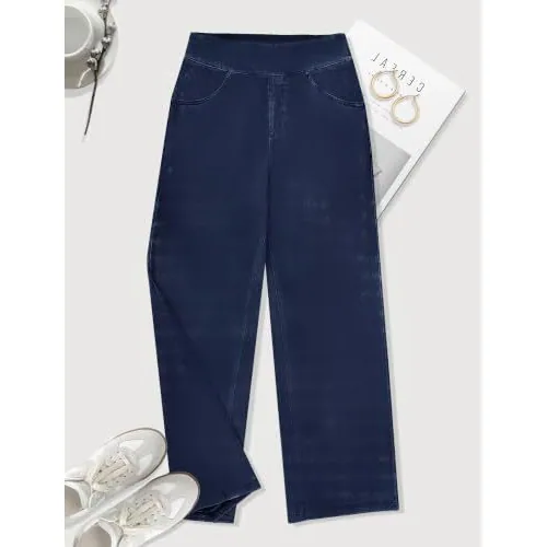 DLOODA High Waist Lounge Denim Wide Leg Jeans, Dark Blue, view 4