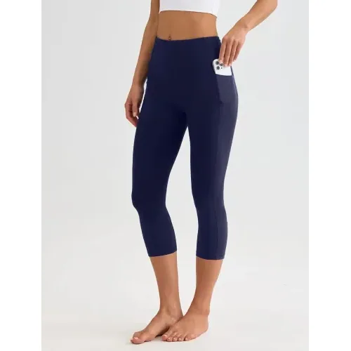 DLOODA High Waist Yoga Capri Leggings with Pockets, Tummy Control, Navy, view 2