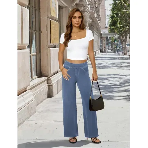 DLOODA High Waist Lounge Denim Wide Leg Jeans, Light Blue, view 3