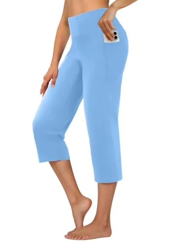 DLOODA High Waist Yoga Cropped Capri Pants with Pockets, Light Blue