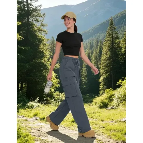 DLOODA High Waist Hiking Baggy Cargo Joggers with Pockets, Grey, view 3