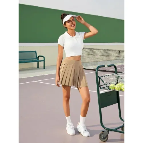 DLOODA High Waist Tennis Pleated Skort with Pockets, Khaki, view 3