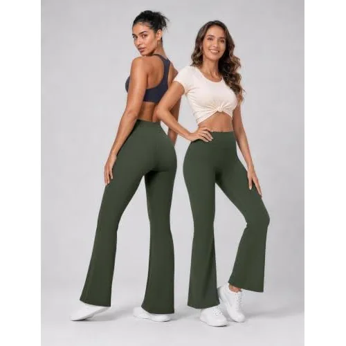 DLOODA High Waist Yoga Flare Leggings Seamless Front, Army Green, view 4