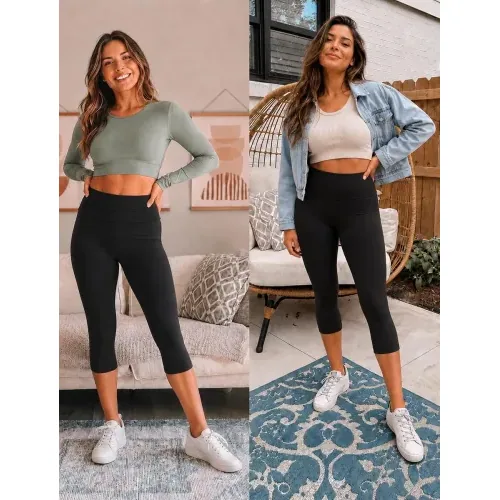 DLOODA High Waist Yoga Cropped Capri Leggings, Black, view 2