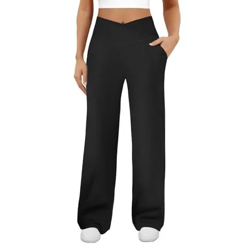 DLOODA High Waist Yoga Wide Leg Pants Crossover, with Pockets, Black, view 4