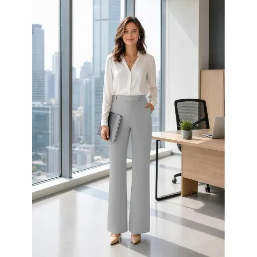 DLOODA High Waist Work Dress Pants with Pockets, Light Grey, view 3