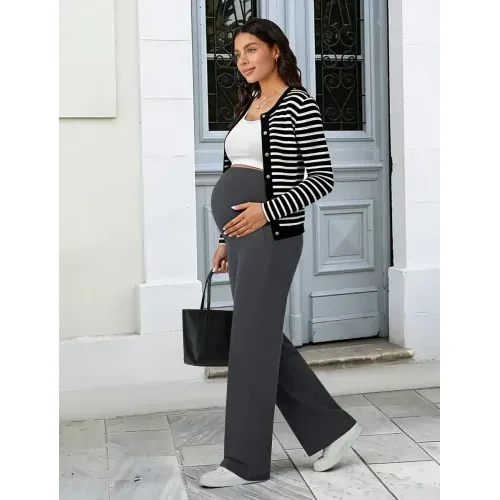 DLOODA High Waist Yoga Maternity Wide Leg Pants with Pockets, Grey, view 4