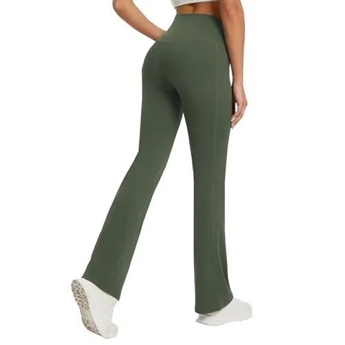 DLOODA Crossover Yoga Flare Leggings Seamless Front, with Pockets, Army Green, view 2