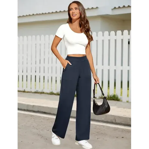 DLOODA High Waist Work Wide Leg Pants with Pockets, Blue, view 5