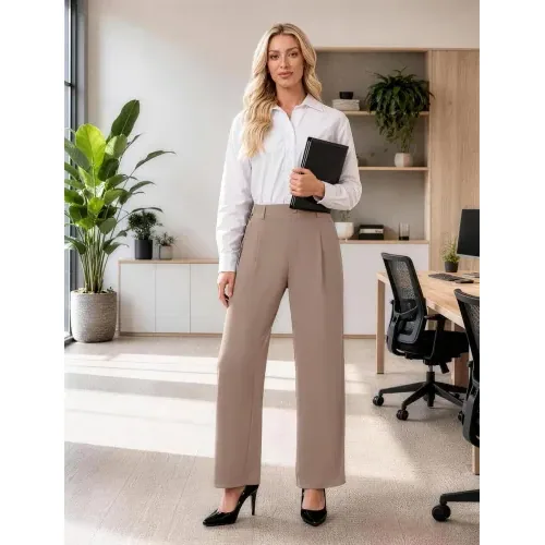 DLOODA High Waist Work Wide Leg Pants, Light Coffee, view 3