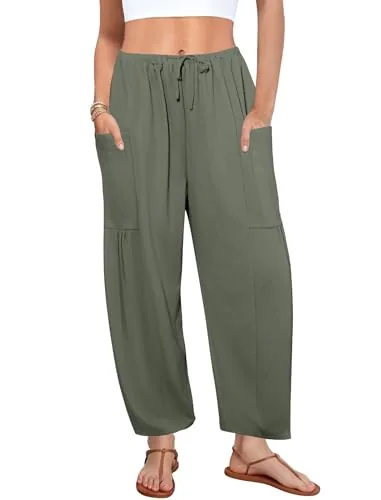 DLOODA Work Flowy Palazzo Pants with Pockets, Army Green