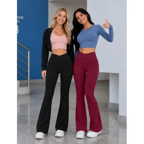 DLOODA High Waist Yoga Flare Leggings Crossover, with Pockets, Burgundy, view 4