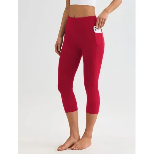 DLOODA High Waist Yoga Capri Leggings with Pockets, Tummy Control, Red, view 2