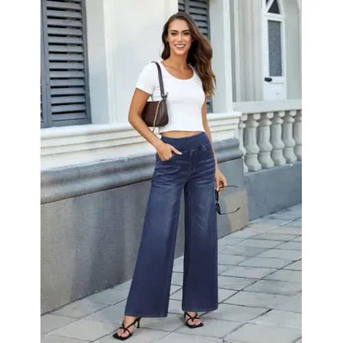 DLOODA High Waist Denim Wide Leg Jeans, Dark Blue, view 2