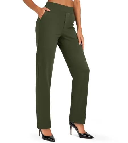 DLOODA High Waist Work Straight Leg Pants with Pockets, Army Green
