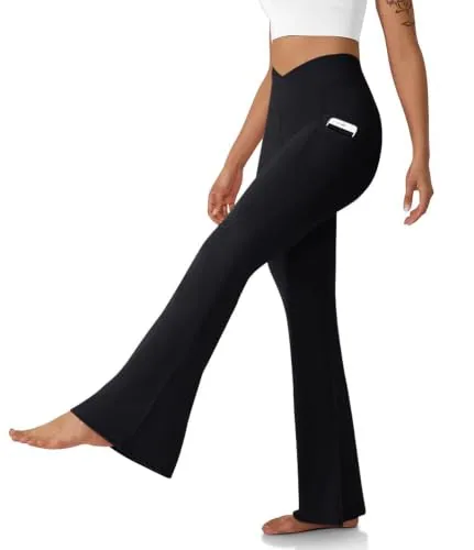 DLOODA High Waist Yoga Flare Leggings Crossover, with Pockets, Black