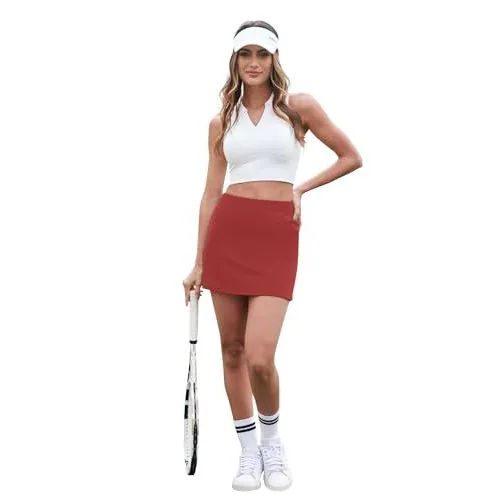 DLOODA High Waist Tennis Skort with Pockets, Split Wine Red, view 4