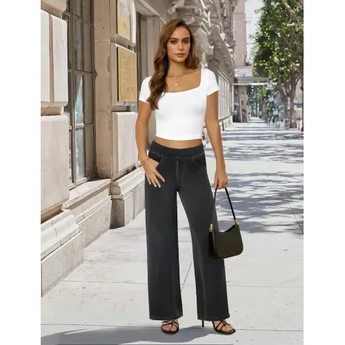 DLOODA High Waist Lounge Denim Wide Leg Jeans, Dark Grey, view 3