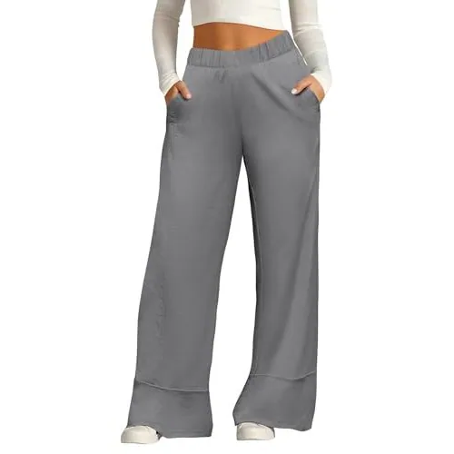 DLOODA High Waist Linen Palazzo Pants with Pockets, Grey, view 2