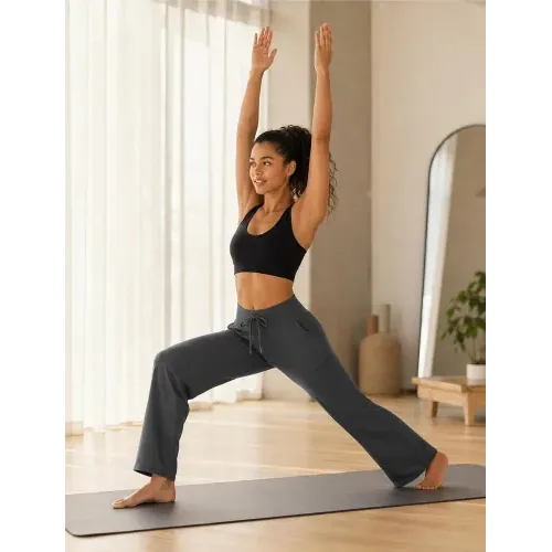 DLOODA High Waist Yoga Wide Leg Pants with Pockets, Dark Grey, view 3
