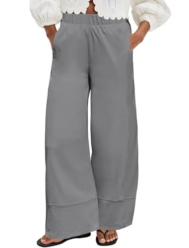 DLOODA High Waist Linen Palazzo Pants with Pockets, Grey