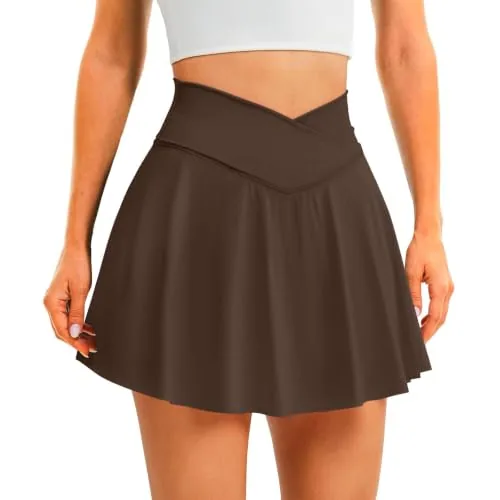 DLOODA High Waist Tennis Skort Crossover, with Pockets, Brown