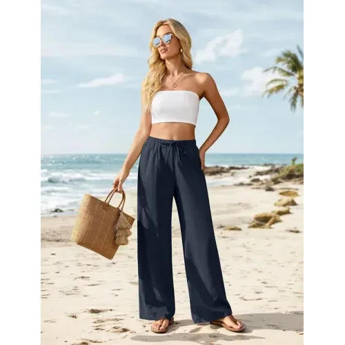 DLOODA High Waist Work Linen Palazzo Pants, Navy, view 3